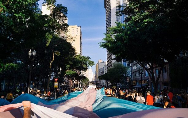 Bandeira gigante das cores das pessoas trans na rua