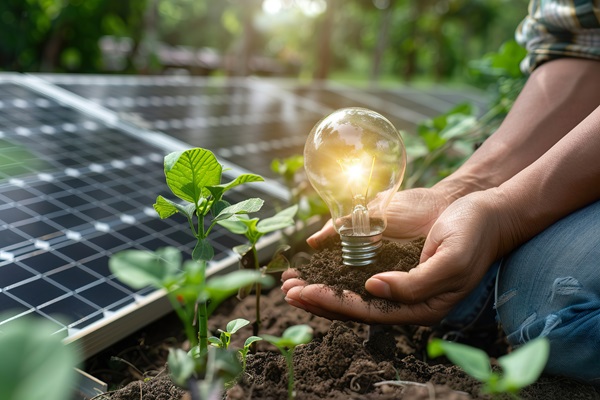 A person is holding a light bulb in their hand while standing in a garden, generative ai image.